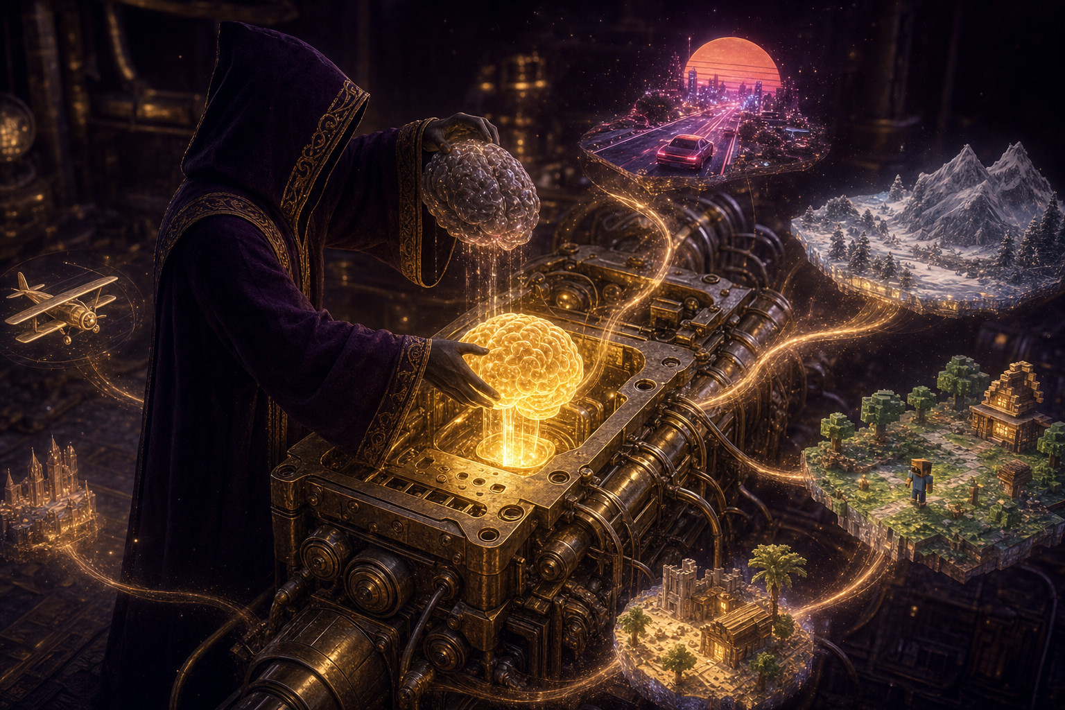 A robed engineer, fully clothed in a long flowing hooded robe, swapping a glowing brain into a giant golden engine while holograms of game worlds float around it