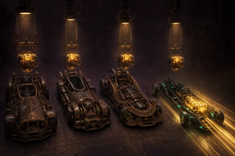One glowing molten-gold engine core lowered into a row of car chassis in a dark workshop — three heavy machines sit dim while the same engine blazes inside a sleek lightweight frame