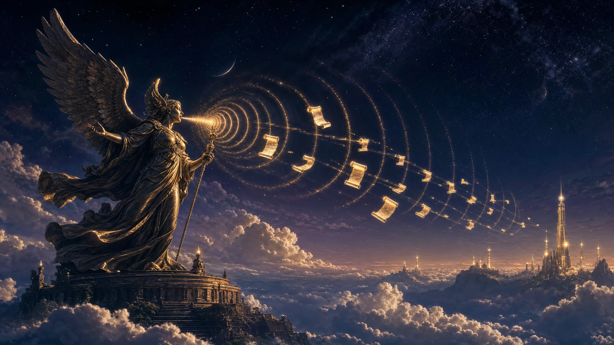 A winged herald of bronze and gold light speaking golden sound waves that carry glowing message scrolls across a night sky
