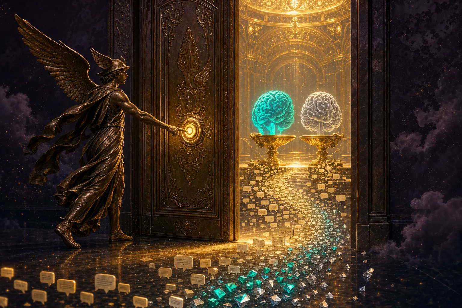 A winged bronze messenger pressing one golden button opening onto two glowing free brains