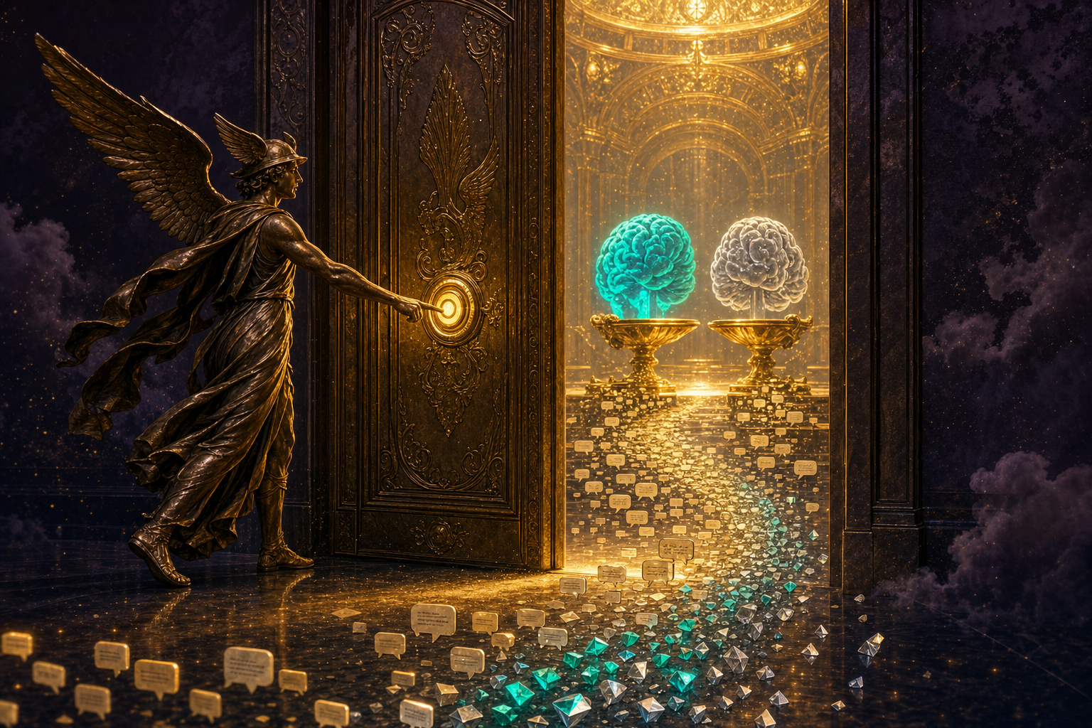 A winged bronze messenger pressing one golden button on a great door, opening onto two glowing free brains on pedestals