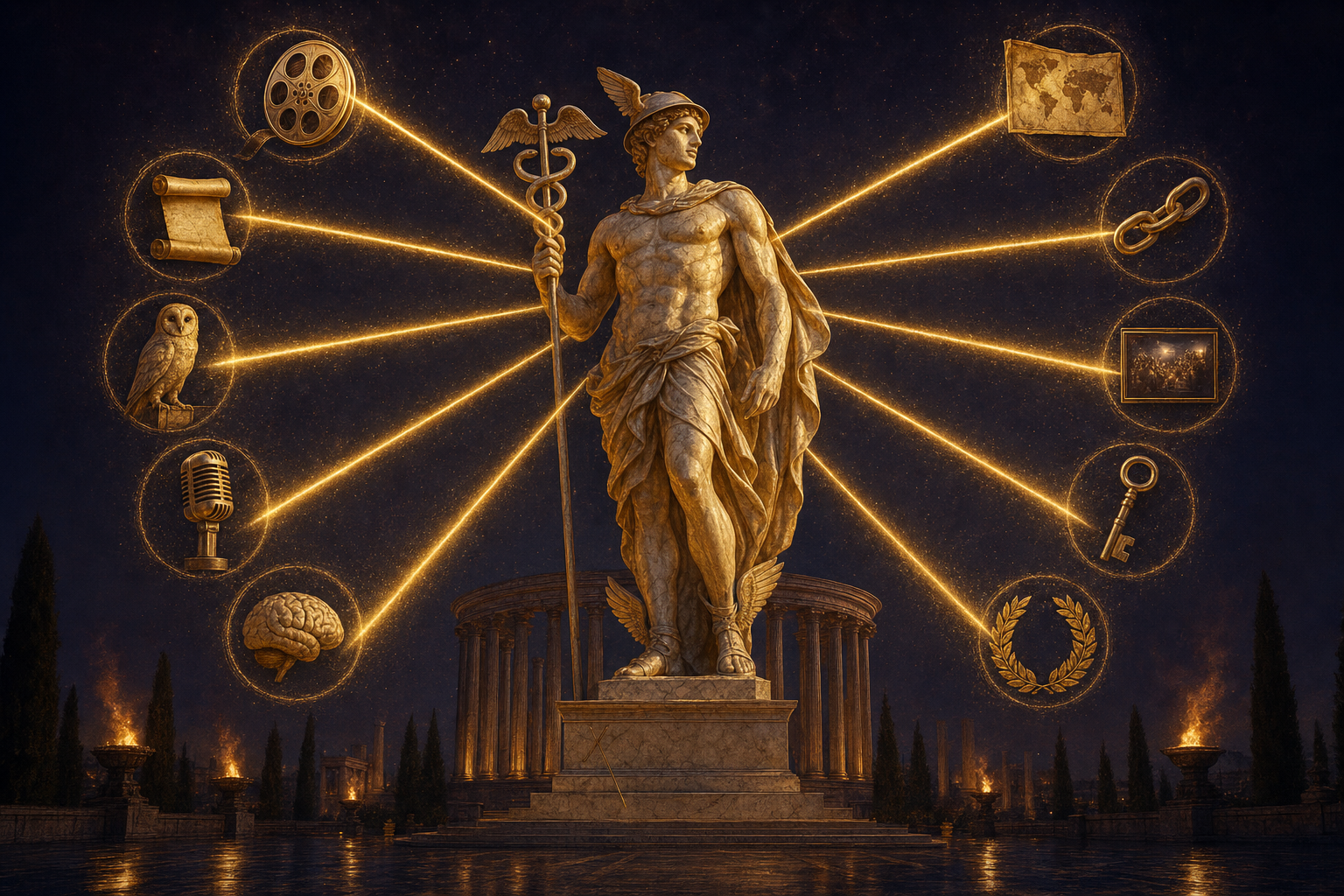 Hermes the winged messenger glowing inside a temple of connected agents — Claude owl, OpenClaw lobster, Codex, Gemini and Ruflo all feeding one shared light into him — ten times more powerful inside the Agent Operating System