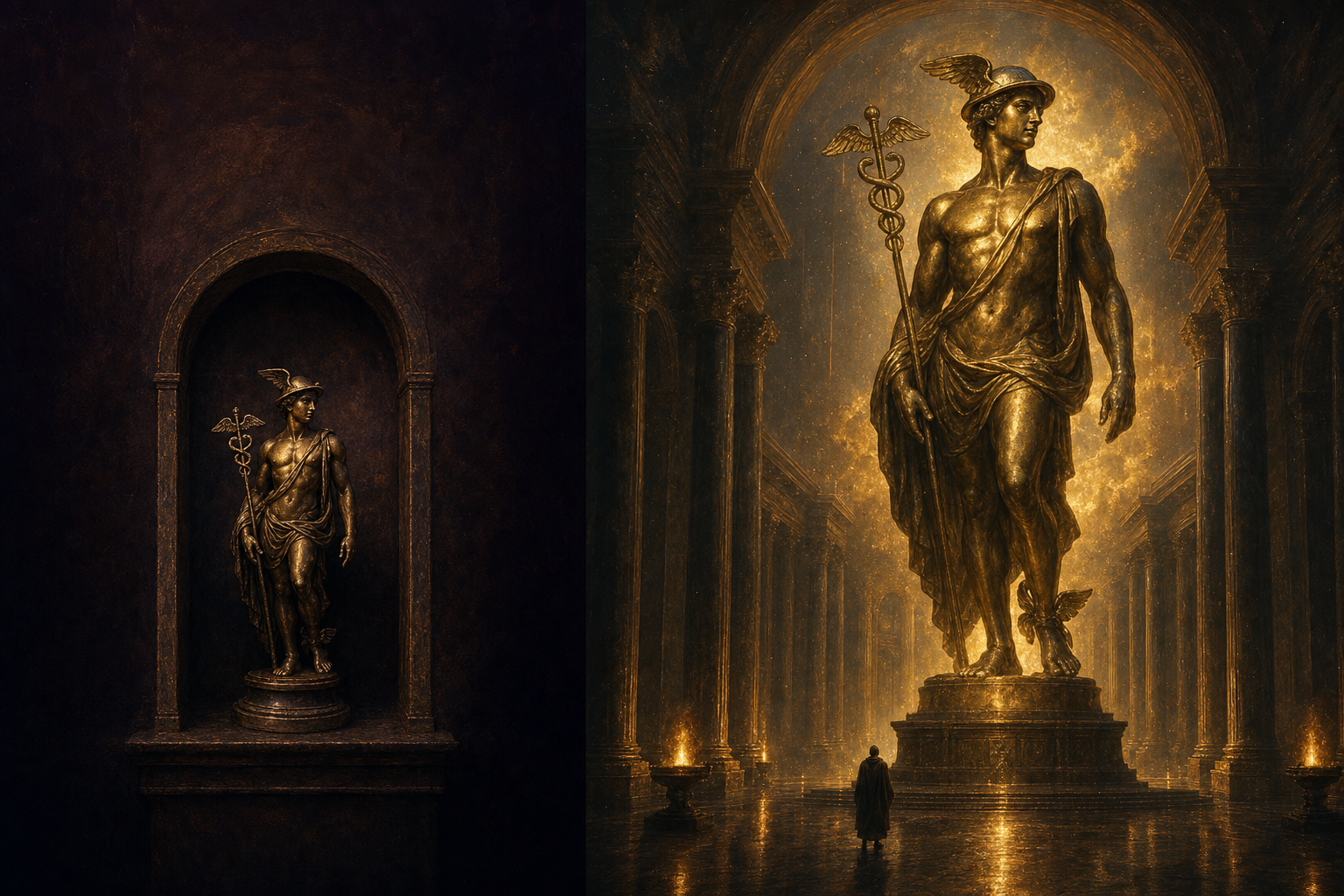 A central glowing Hermes figure connected by light to five surrounding pillars — shared memory, the Swarm Map, the Workspace, the team of agents, and daily updates — the Hermes Powerhouse in formation