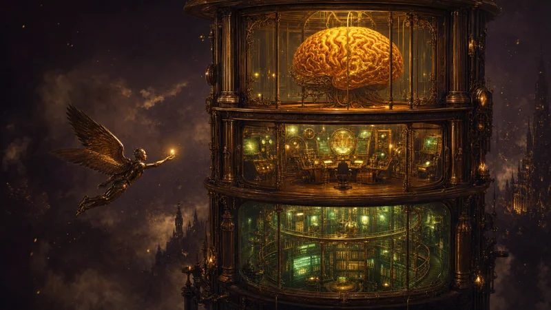 A three-story brass tower — glowing brain, cockpit control room, vault of glowing books — with a winged messenger flying in