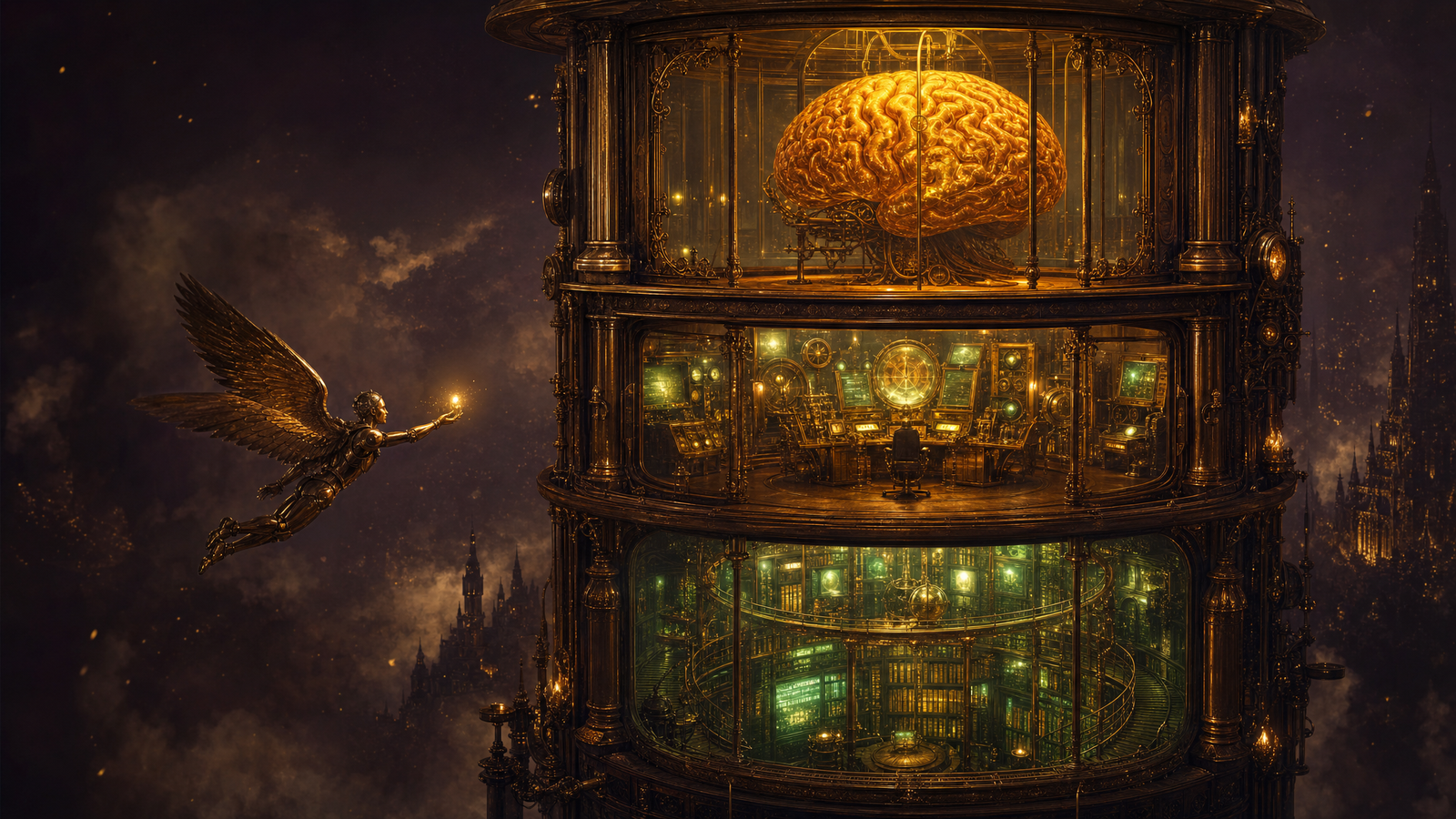A three-story brass tower: a glowing brain on top, a cockpit control room in the middle, a vault of glowing books below — a winged messenger flying toward it