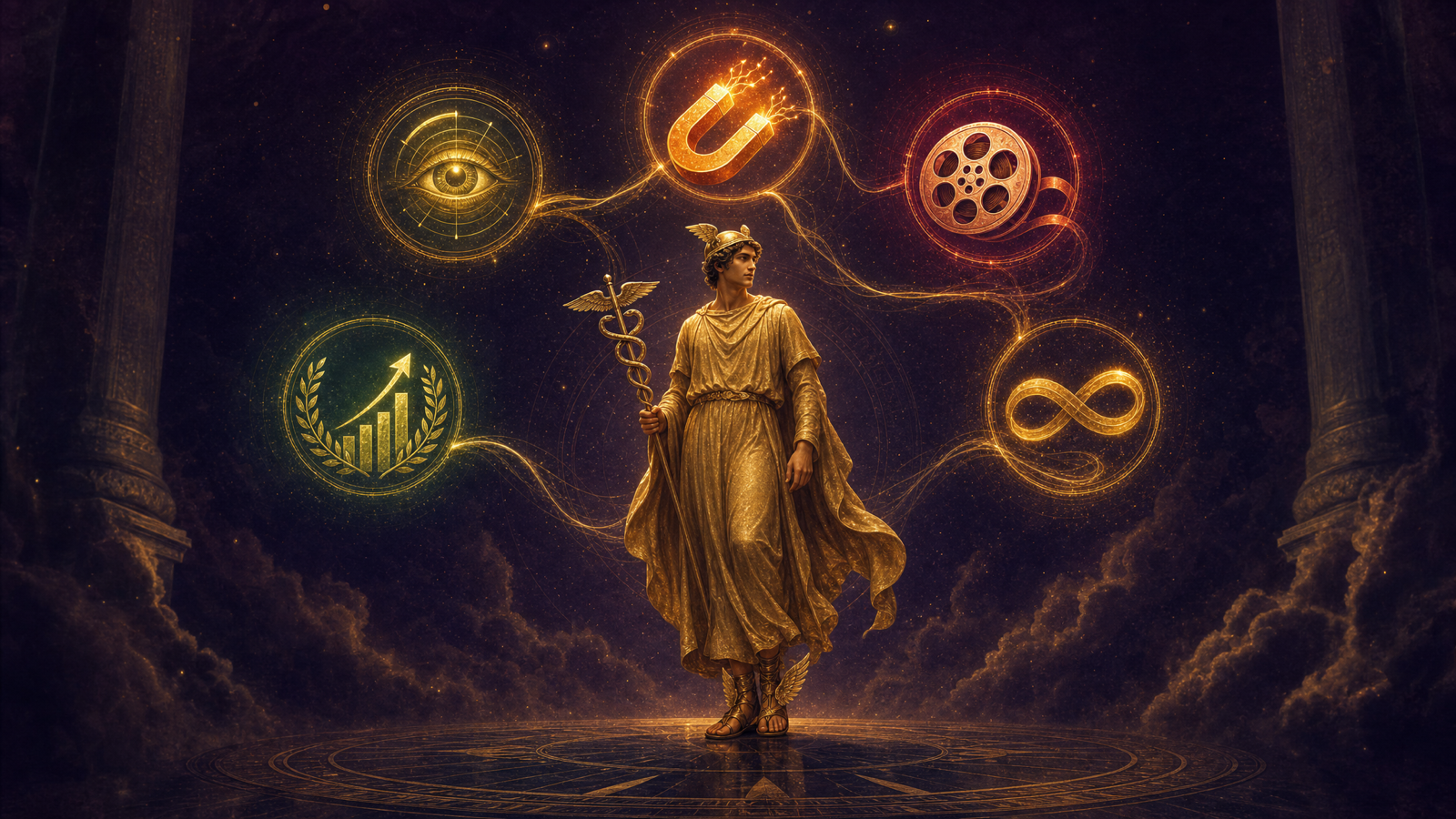 A central winged messenger figure fully clothed in a long flowing golden chiton, surrounded by five glowing emblems in an arc — a radar eye, a magnet, a film reel, a rising growth chart, and an endless looping ribbon — one calm agent running five jobs at once