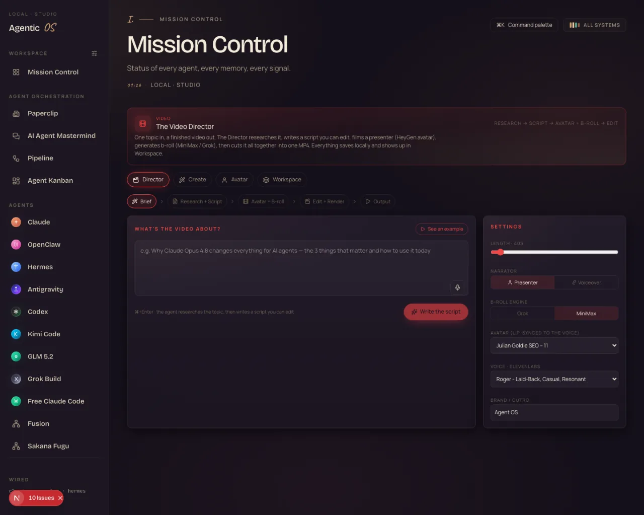 The Video Director in the Agent OS — a what's the video about prompt box with settings for voice, avatar and style on the right