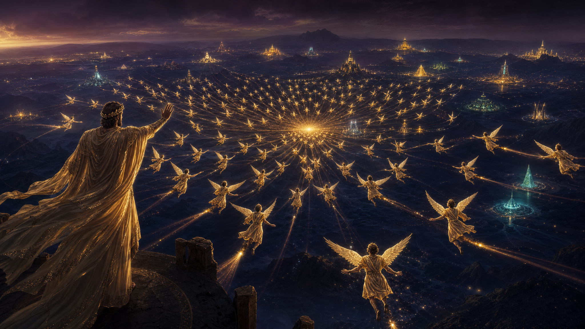 An army of small glowing winged messenger figures, each fully clothed in a knee-length tunic, flying outward in formation from one point of golden light, directed by a robed commander fully clothed in a flowing golden chiton