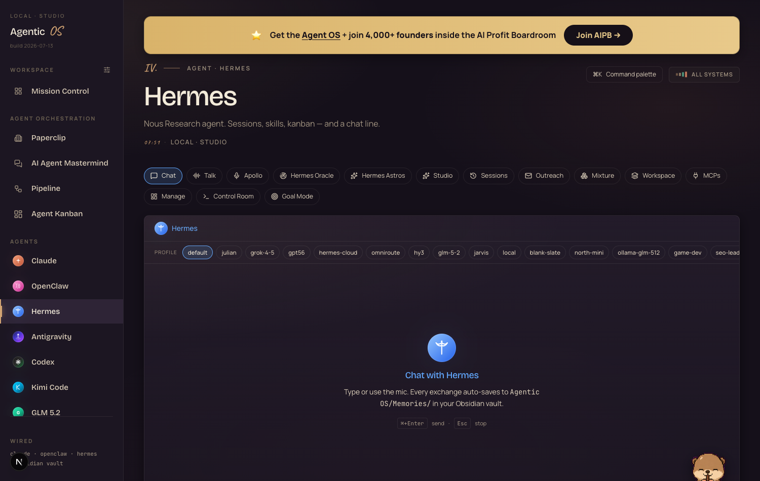 The real Hermes tab inside the Agent OS — 14 surfaces (Chat, Talk, Apollo, Oracle, Astros, Studio, Sessions, Outreach, Mixture, Workspace, MCPs, Manage, Control Room, Goal Mode) and a row of 16+ profiles