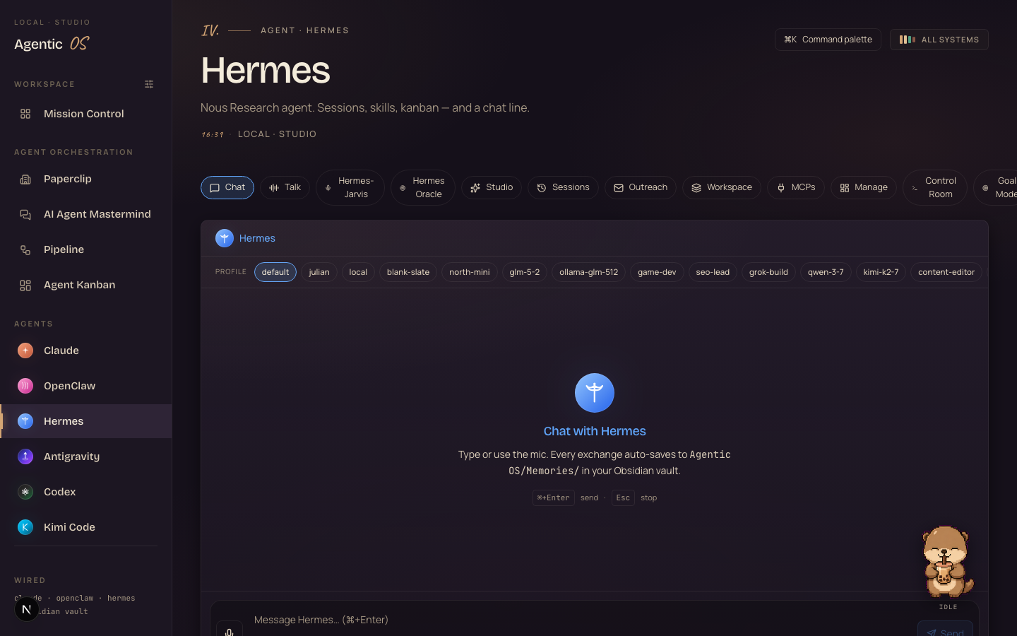 Boba the pet wired into the Hermes tab of the Agent OS dashboard