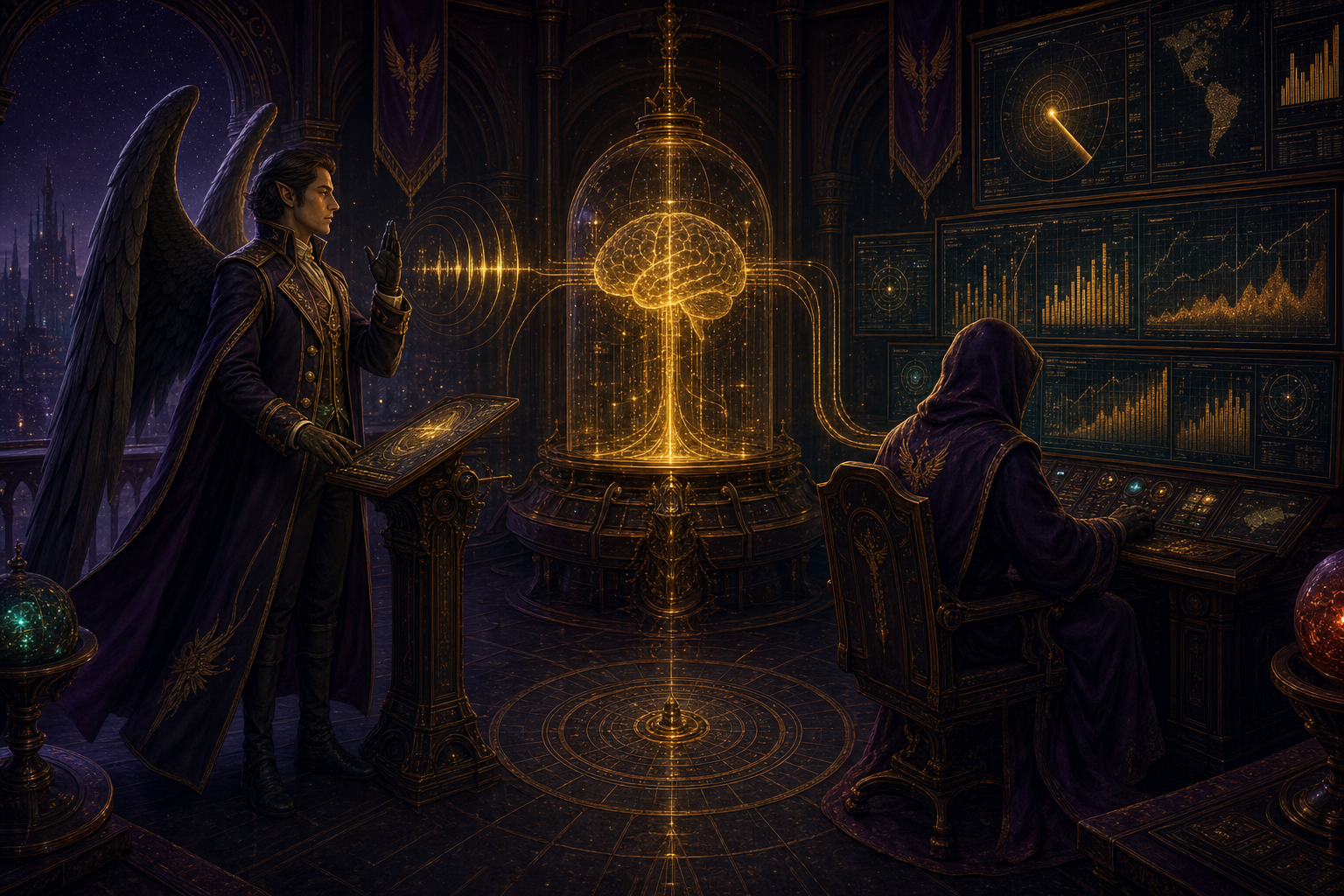 Two fully-clothed figures side by side: a winged butler operator in a long flowing chiton speaking golden sound waves into a glowing laptop, and a hooded robed watcher draped as a star constellation gazing over a grid of video screens, both linked to one glowing vault of light between them
