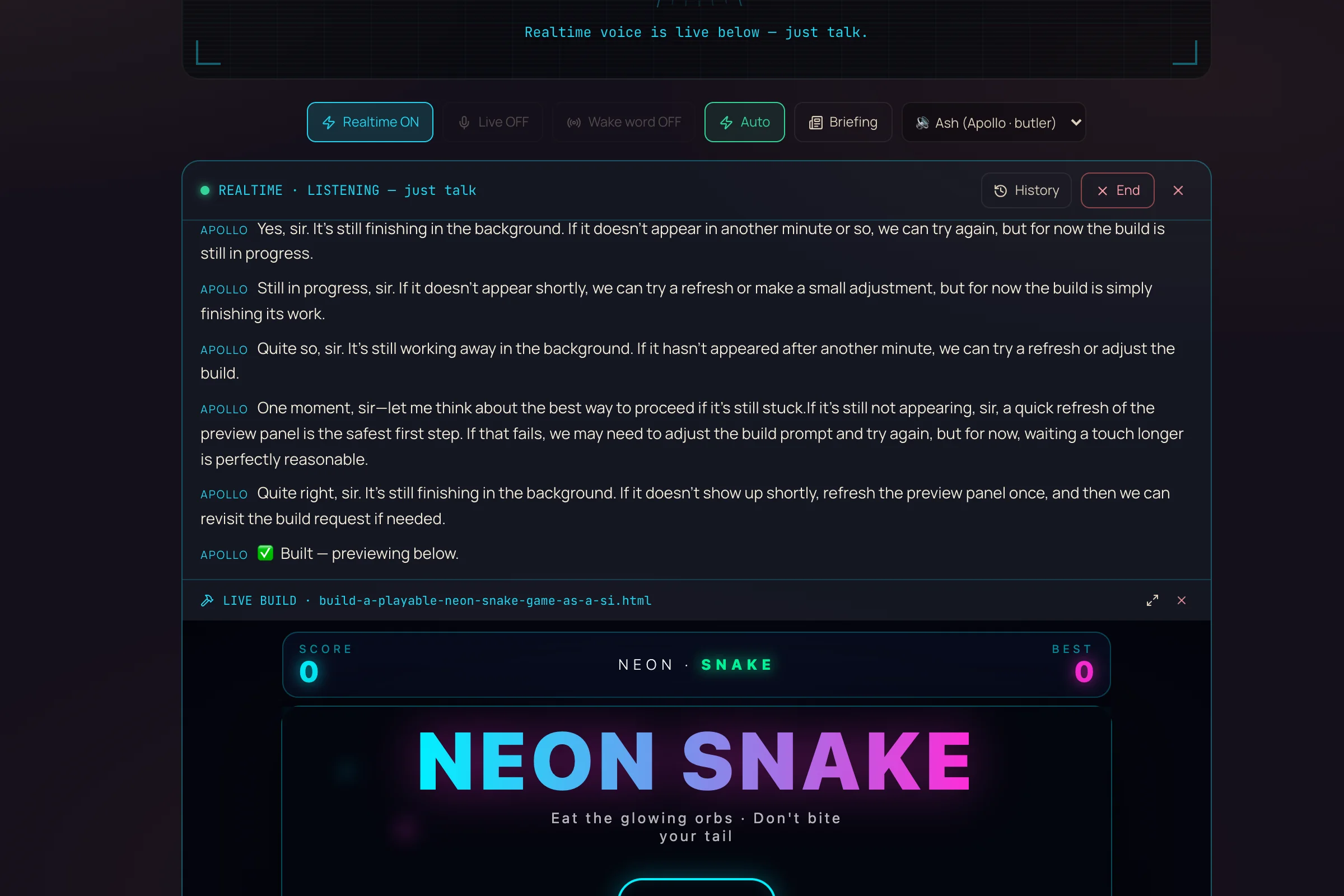 Apollo's panel after a build command: the control bar with Realtime ON and the Ash butler voice, a live transcript of Apollo confirming in character, and a LIVE BUILD preview of a playable NEON SNAKE game it just built