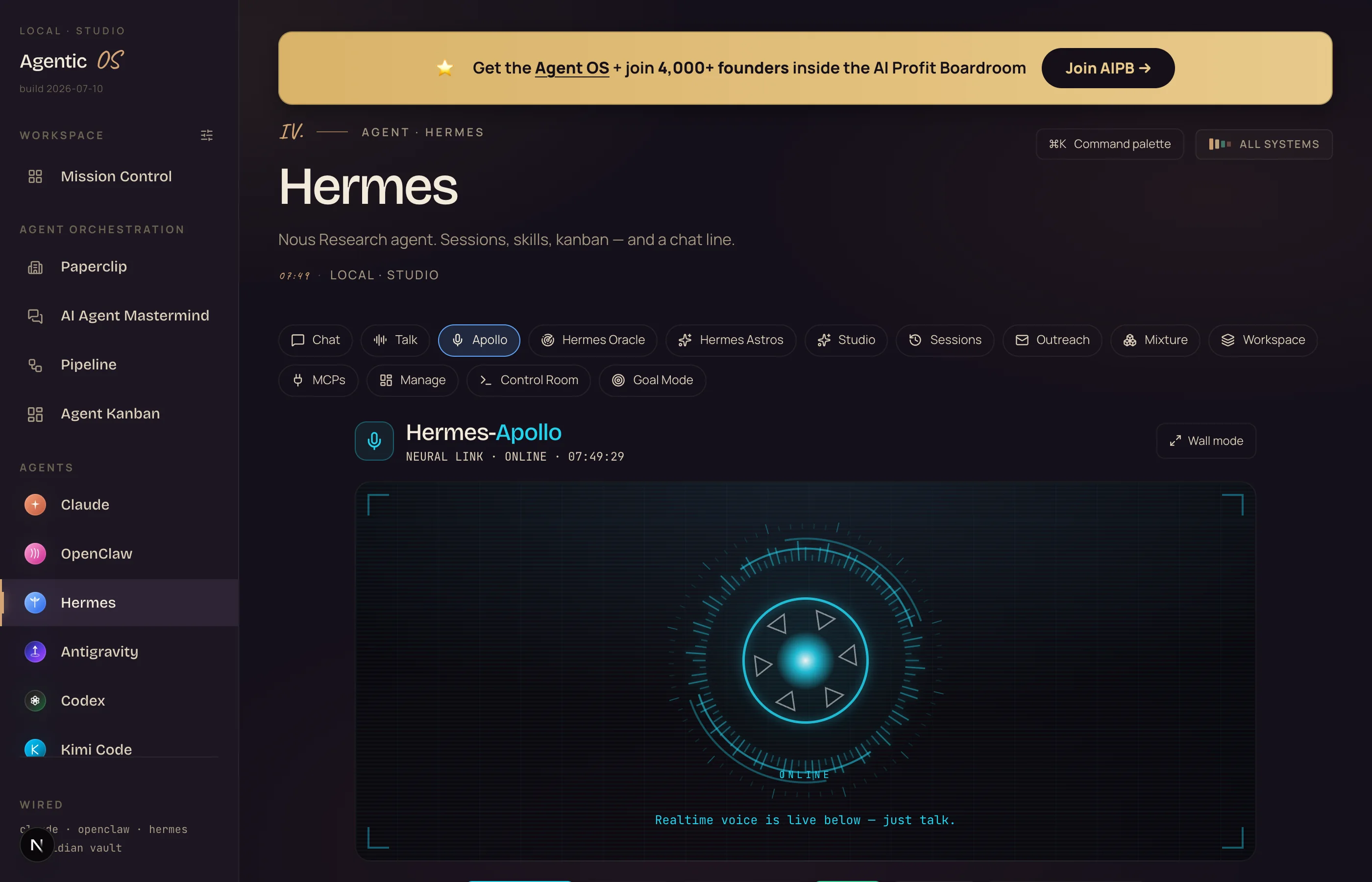 The Agent OS dashboard on the Hermes page: the left sidebar with Hermes selected, a row of tabs with Apollo active, and the Apollo panel showing a glowing cyan voice orb labelled NEURAL LINK ONLINE with the line Realtime voice is live below — just talk
