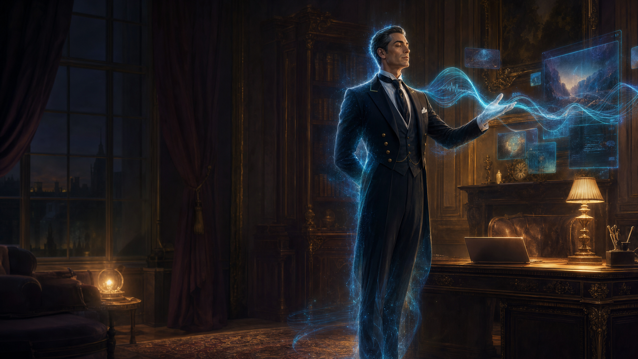 A refined English butler woven from cyan light, standing in a warm study, conjuring glowing voice-waveform ribbons and floating app windows from his hand toward a screen, a laptop on the desk beside him