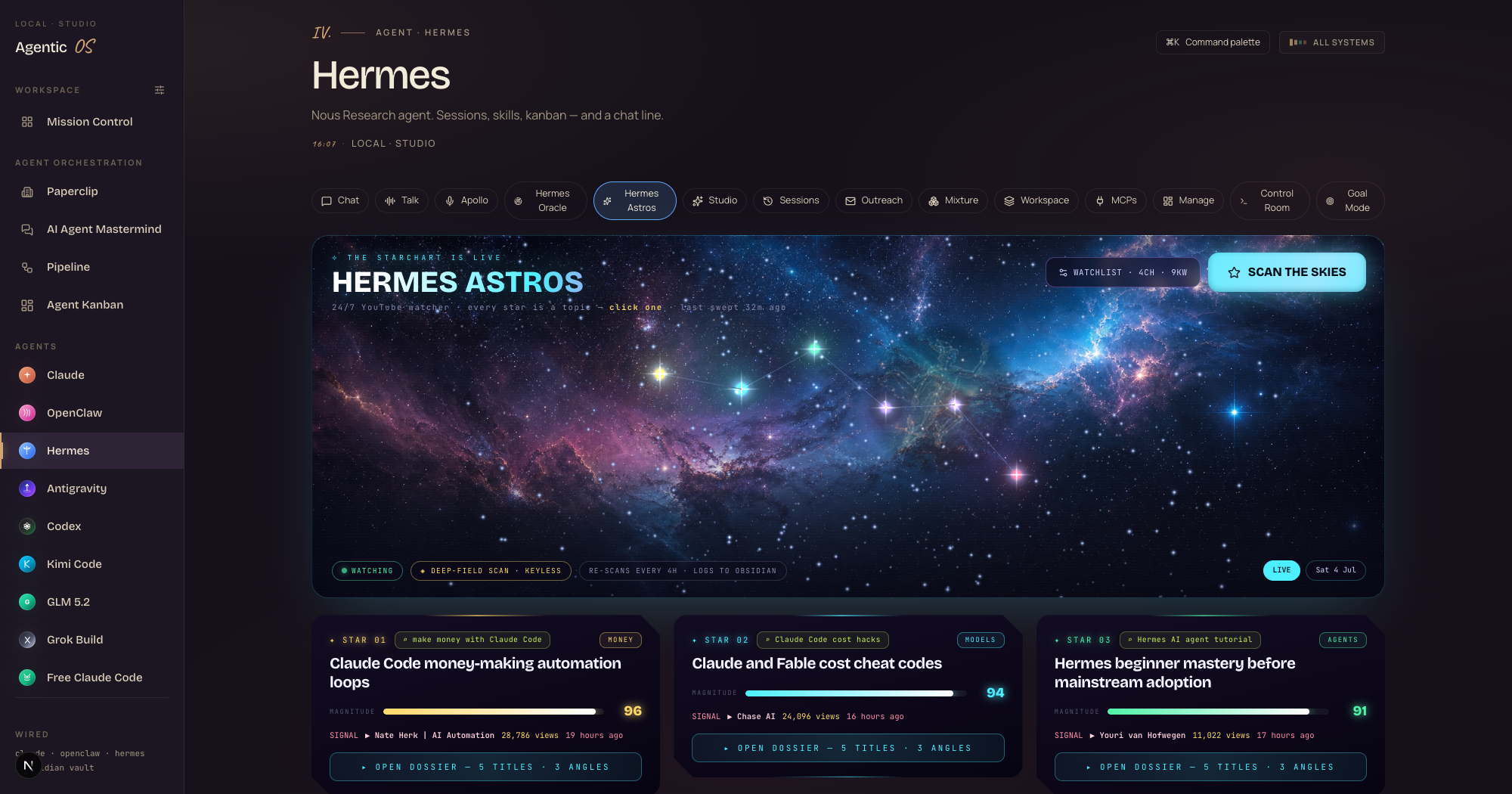 The Hermes Astros tab live — a deep-space star map dome with the topics as glowing constellation stars, and star dossier cards below showing magnitude, competitor signals and ready titles
