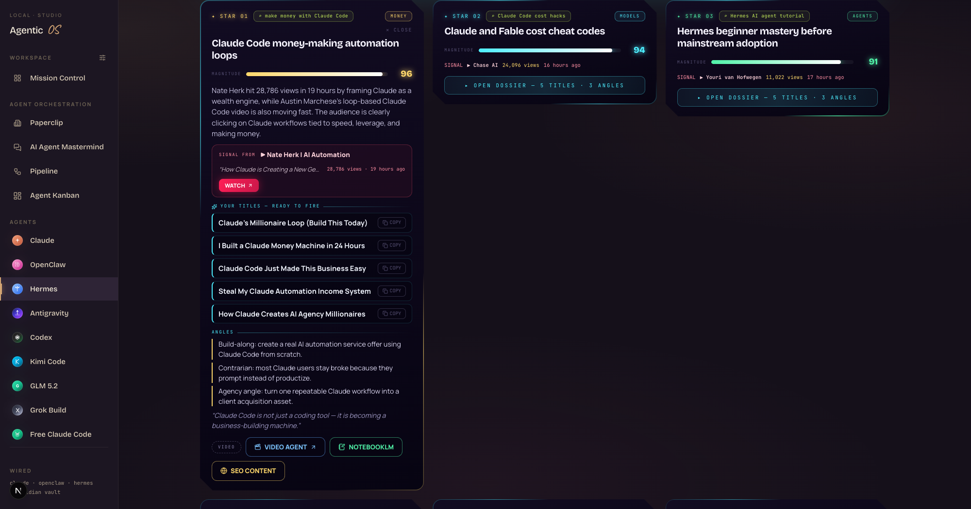 Hermes Astros mid-sweep — the scanning view lighting up as it reads fresh competitor uploads across the niche, topics resolving into ranked stars with their heat scores climbing