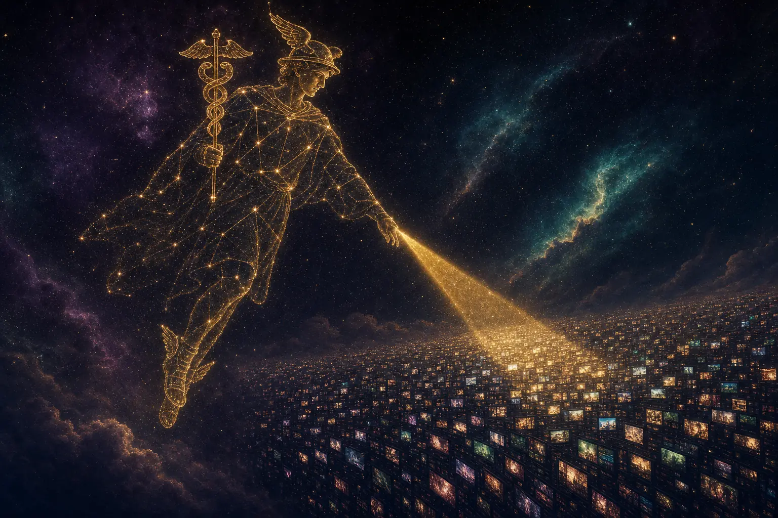 Hermes as a golden star constellation, fully clothed in a flowing chiton, sweeping a beam of starlight across a sea of video screens