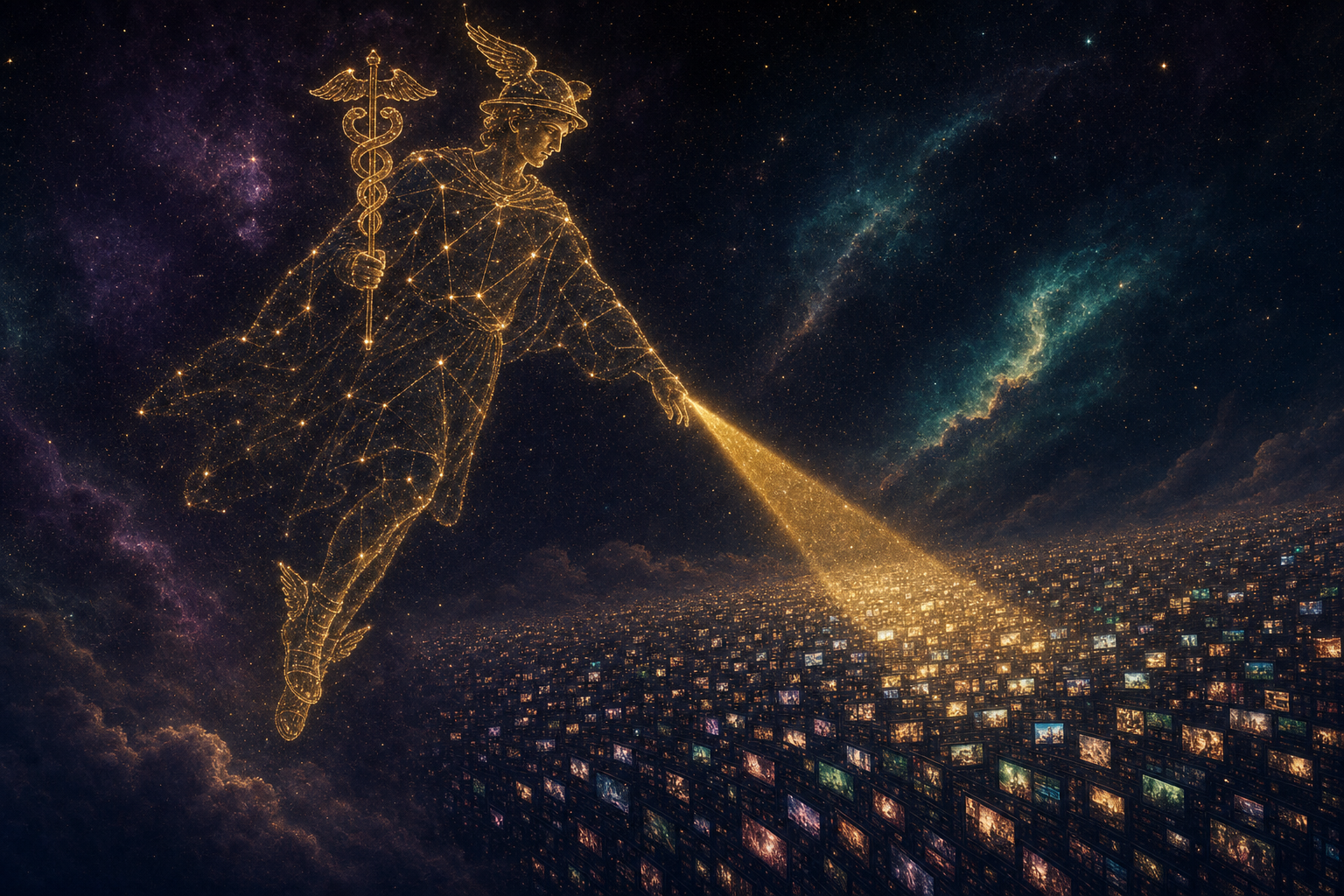 Hermes, fully clothed in a long flowing chiton and cloak, drawn as a golden star constellation, watching over a grid of glowing video screens with a sweeping beam of starlight