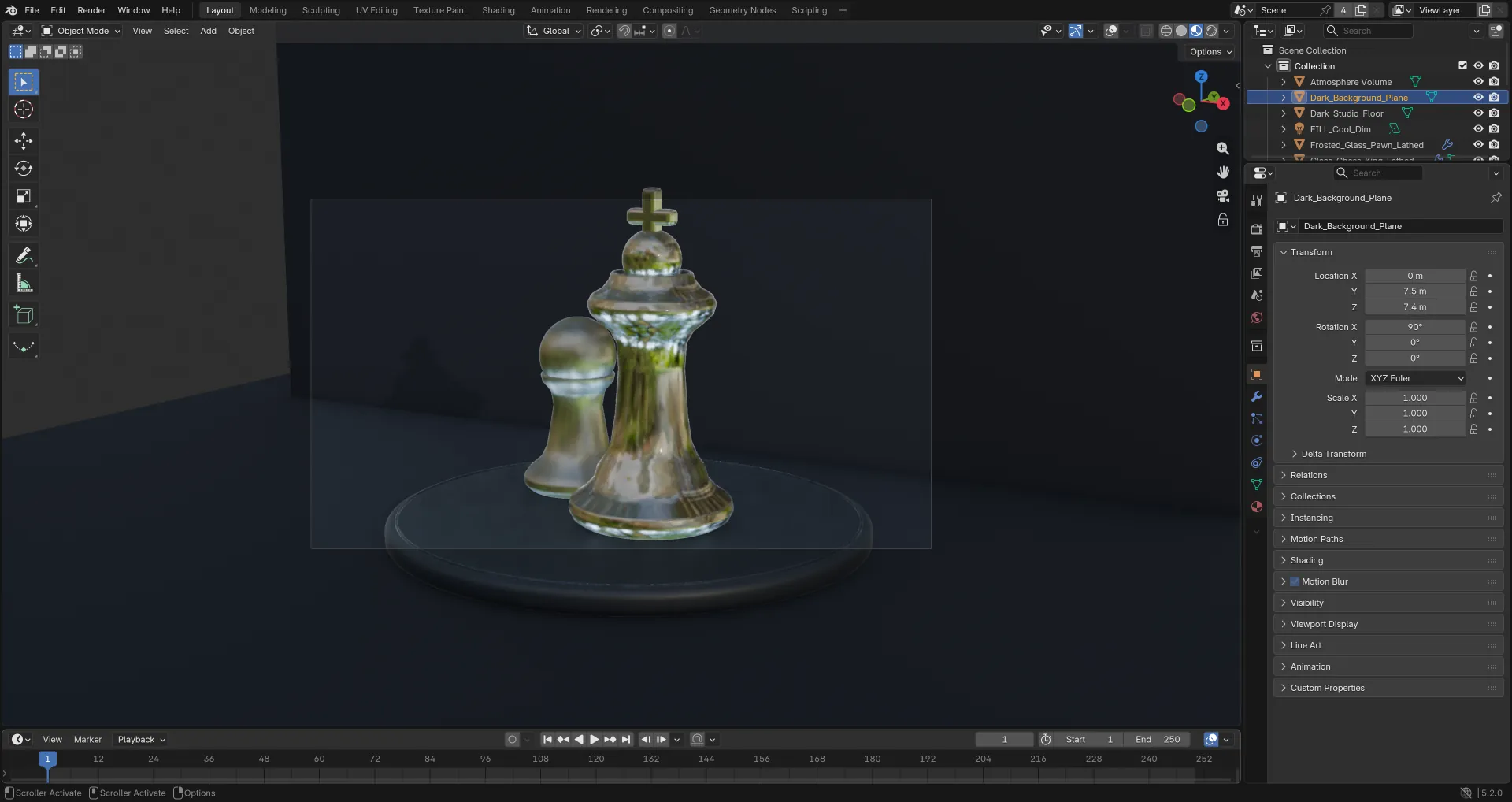 The Blender interface on my Mac showing the glass chess scene in the viewport with the BlenderMCP add-on connected