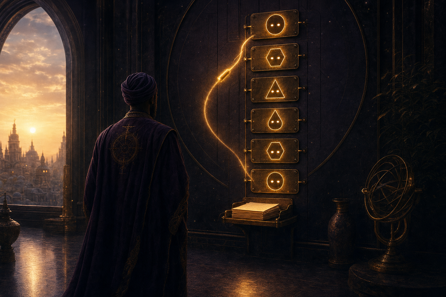 A robed operator, fully clothed in a long flowing floor-length robe, watching a wall of glowing brass name-plates passing a golden message between them