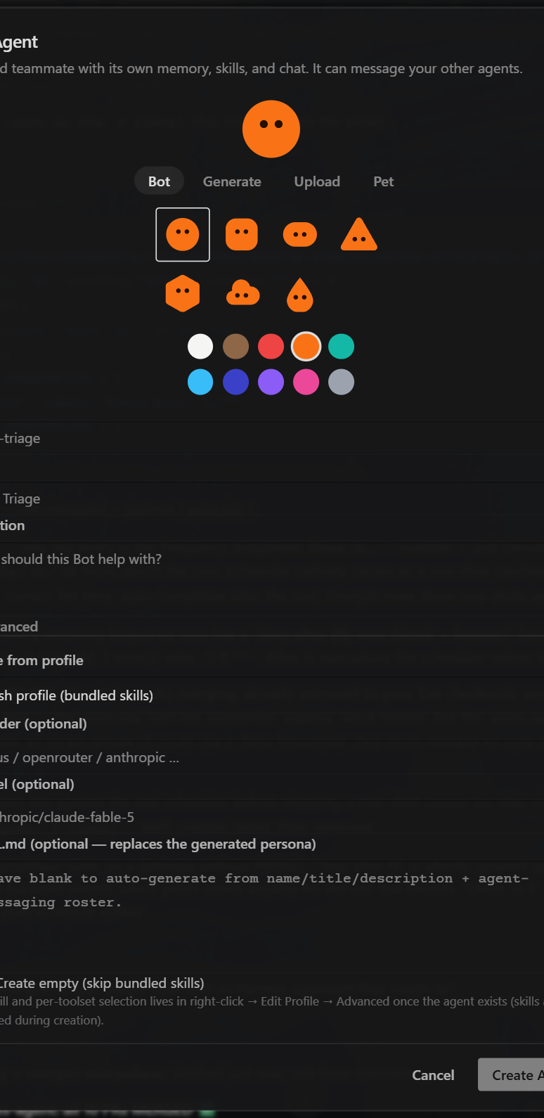 The Advanced section of the New Agent panel, where you pin a provider and model to a single bot