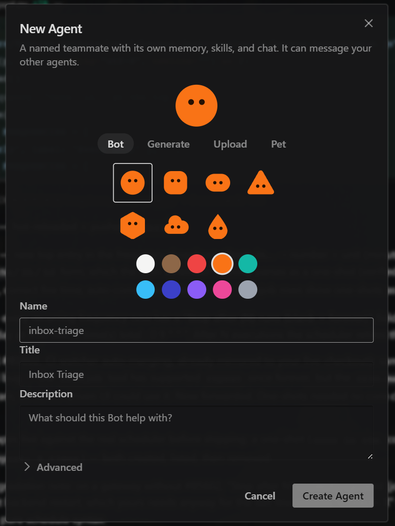 The New Agent panel in the official Hermes Bot Mode desktop plugin
