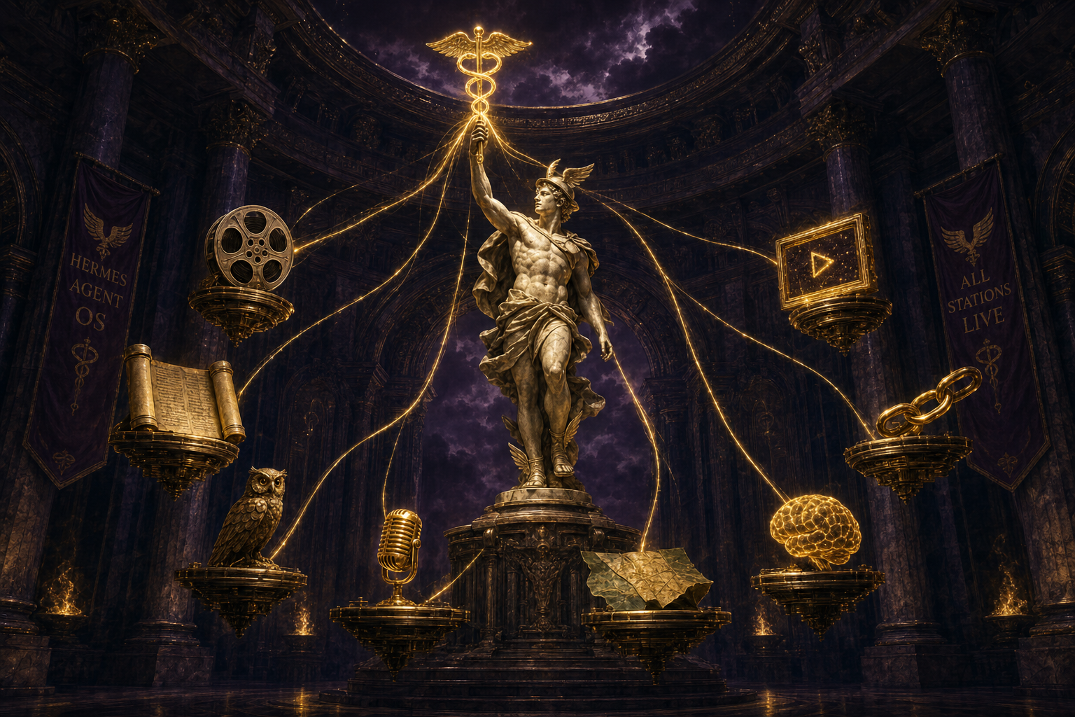 A big statue of Hermes in the middle of a grand hall, with eight glowing tools floating around it β a film reel, a scroll, an owl, a microphone, a map, a brain, a chain, and a video frame β all joined to the statue by lines of gold light