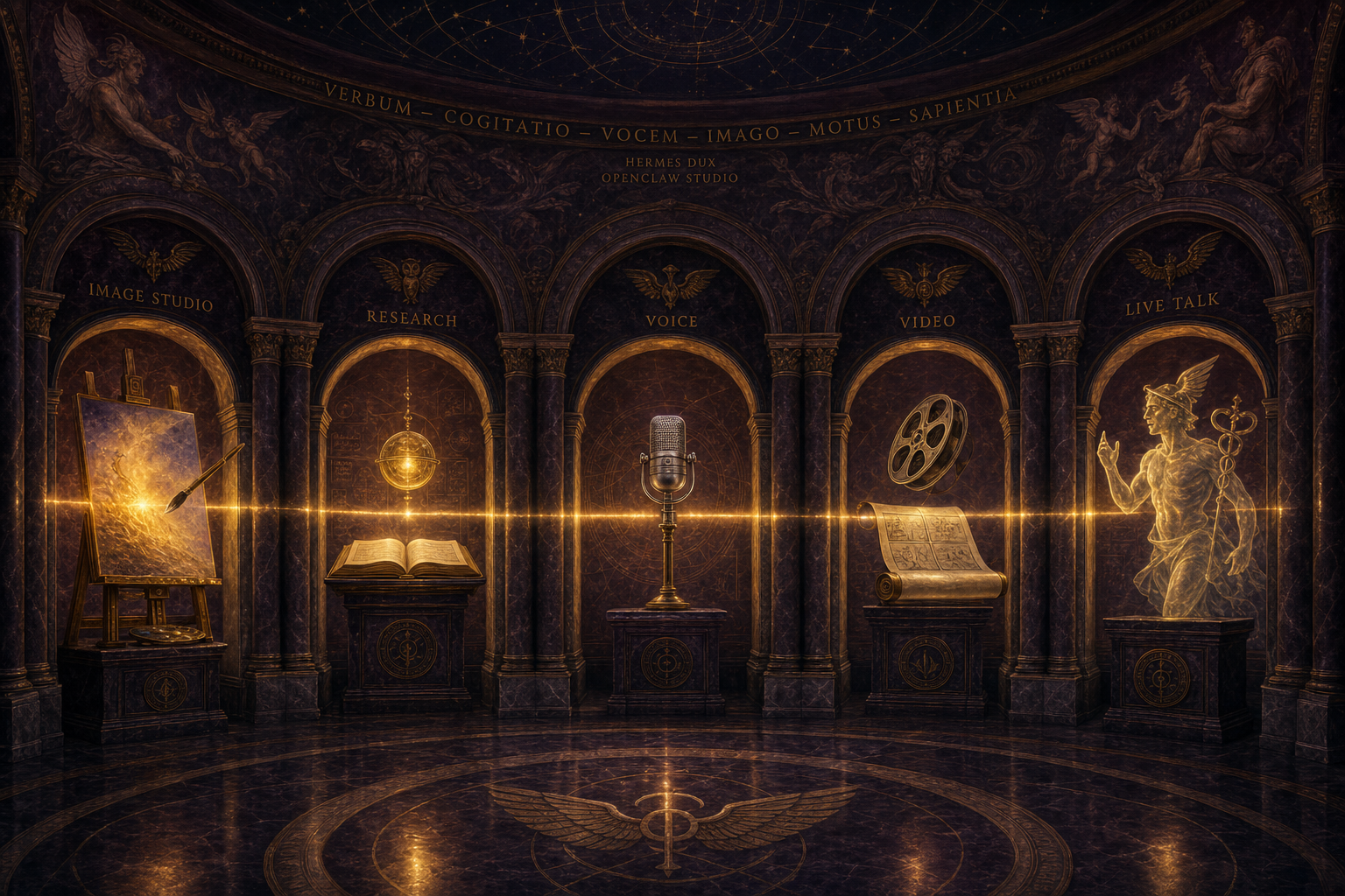 A picture of five small rooms in a row β a painting easel, a glowing book, a microphone, a film reel, and a person talking β all joined by one line of gold light