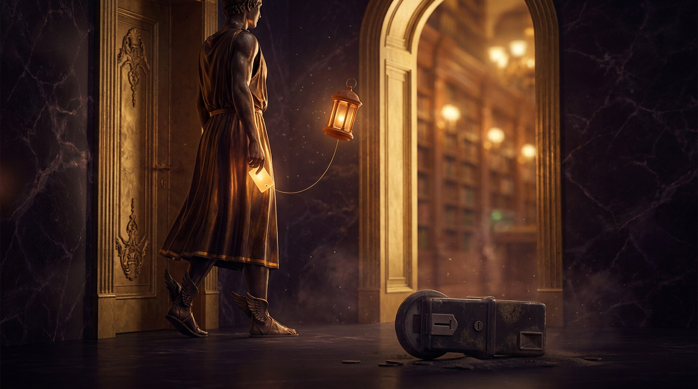 A bronze winged messenger fully clothed in a long chiton holds a glowing golden pass as a great golden door opens and a brass toll meter goes dark
