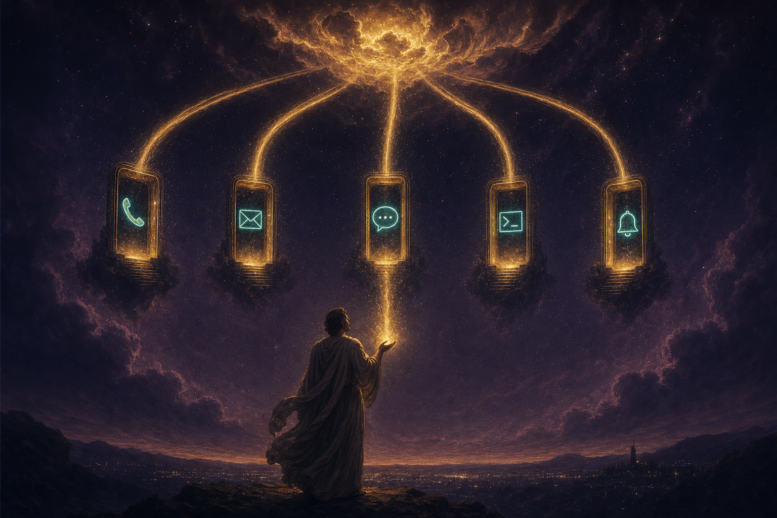 Five streams of light arcing from one radiant cloud down to five doorways — phone, envelope, chat bubble, terminal, bell — a fully-clothed robed figure catching one beam