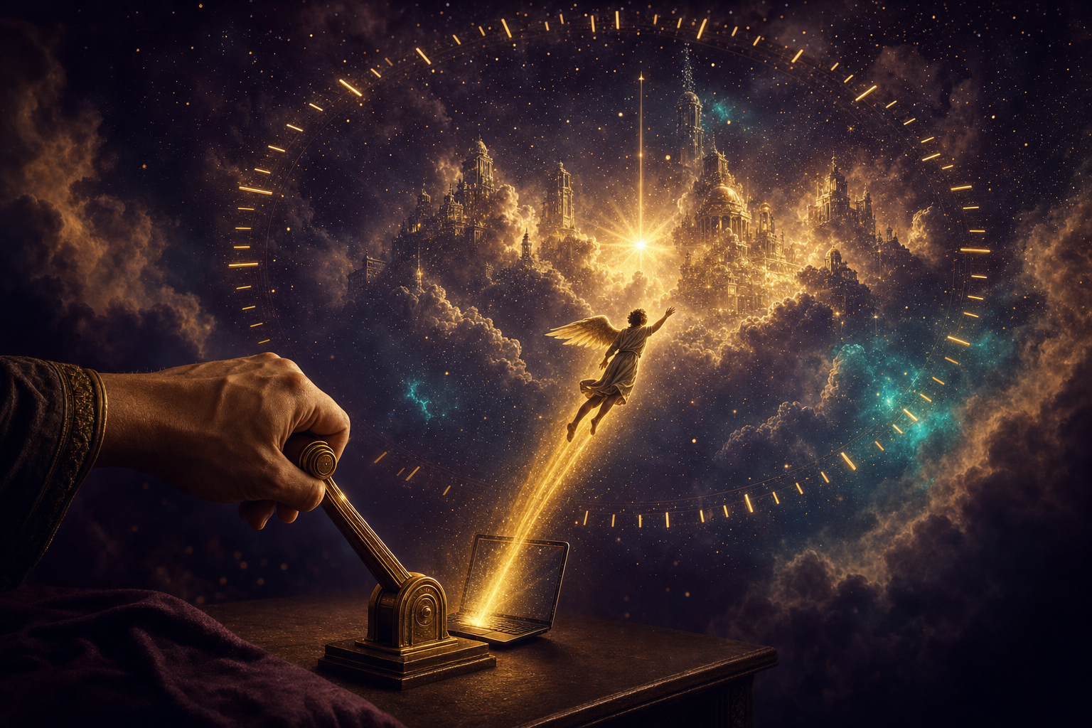 A golden lever launching a small fully-clothed winged figure in a classical chiton from a tiny laptop up into a luminous cloud city, a ring of sixty second-marks orbiting