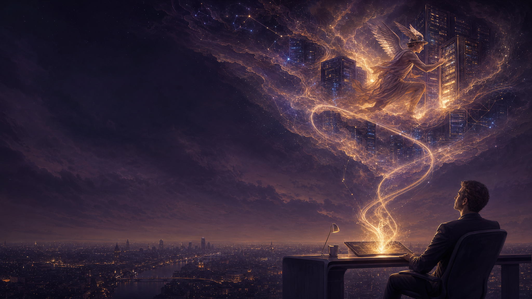 A fully-clothed operator at a glowing desk terminal at night, the light rising into a vast luminous cloud of servers and stars where a winged Hermes figure keeps working while a city sleeps below