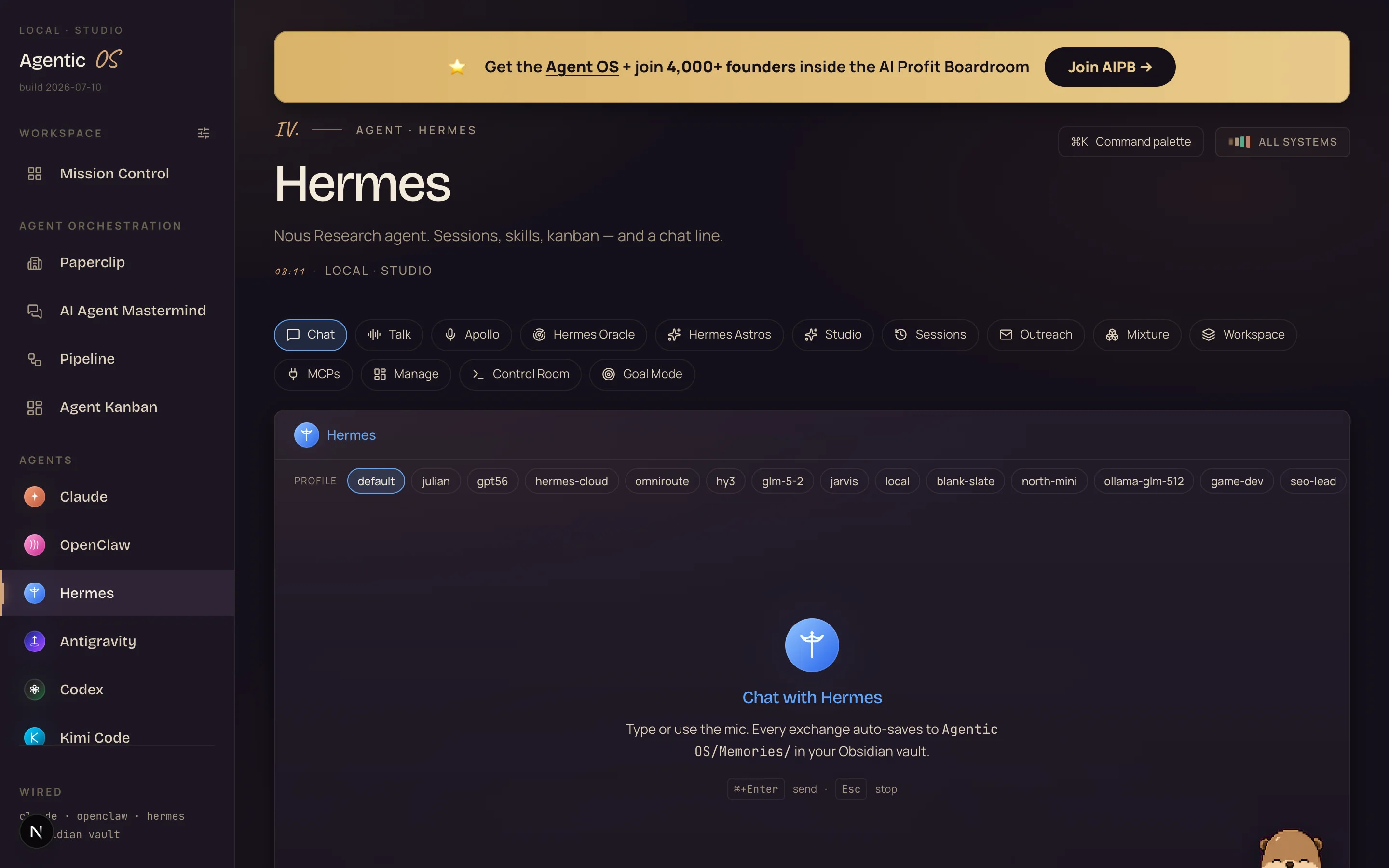 The Hermes tab inside the Agent OS, with the hermes-cloud profile chip visible in the profile row