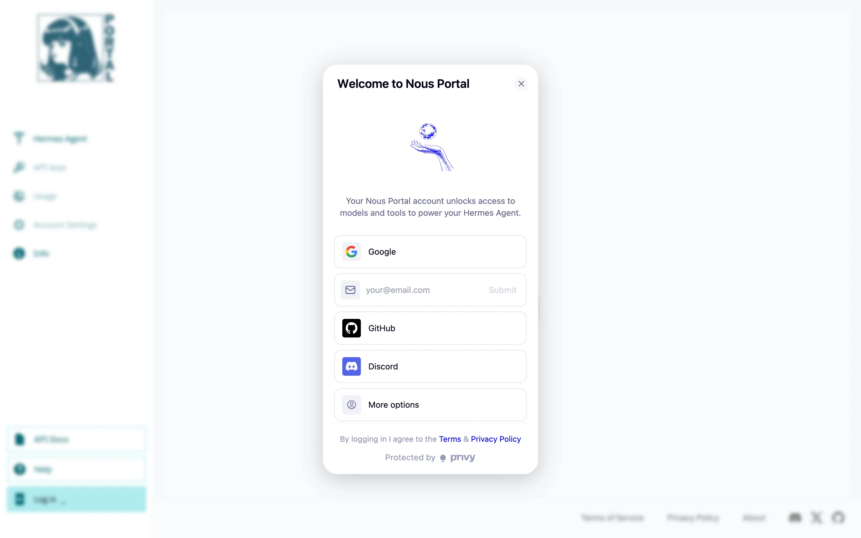 The Nous Portal sign-in screen — Google, email, GitHub or Discord login