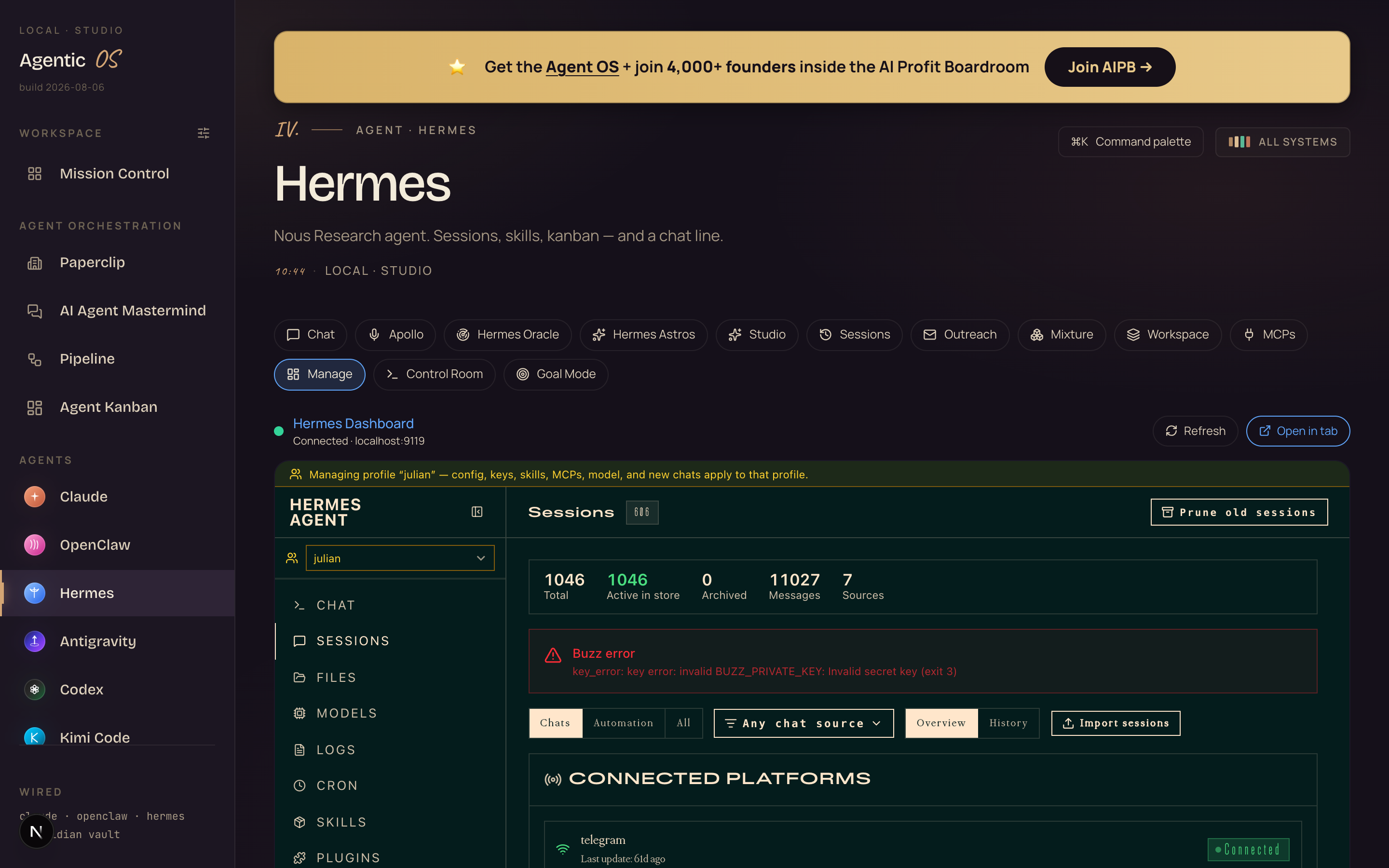 The Manage room: the Hermes dashboard embedded in the Agent OS showing 1,018 saved sessions, models, logs, cron and skills