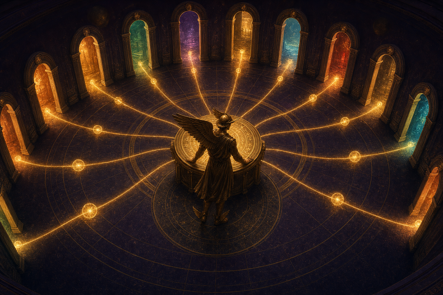 A winged bronze messenger wearing a long flowing chiton, fully clothed, standing at a round golden console while threads of light carry glowing message orbs through thirteen arched doorways