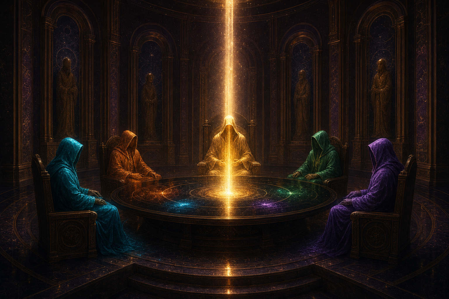 A council of robed scholar figures, each fully clothed in a long flowing hooded robe glowing a different jewel tone, seated around a glowing round table while a golden chair figure synthesises their light into one beam