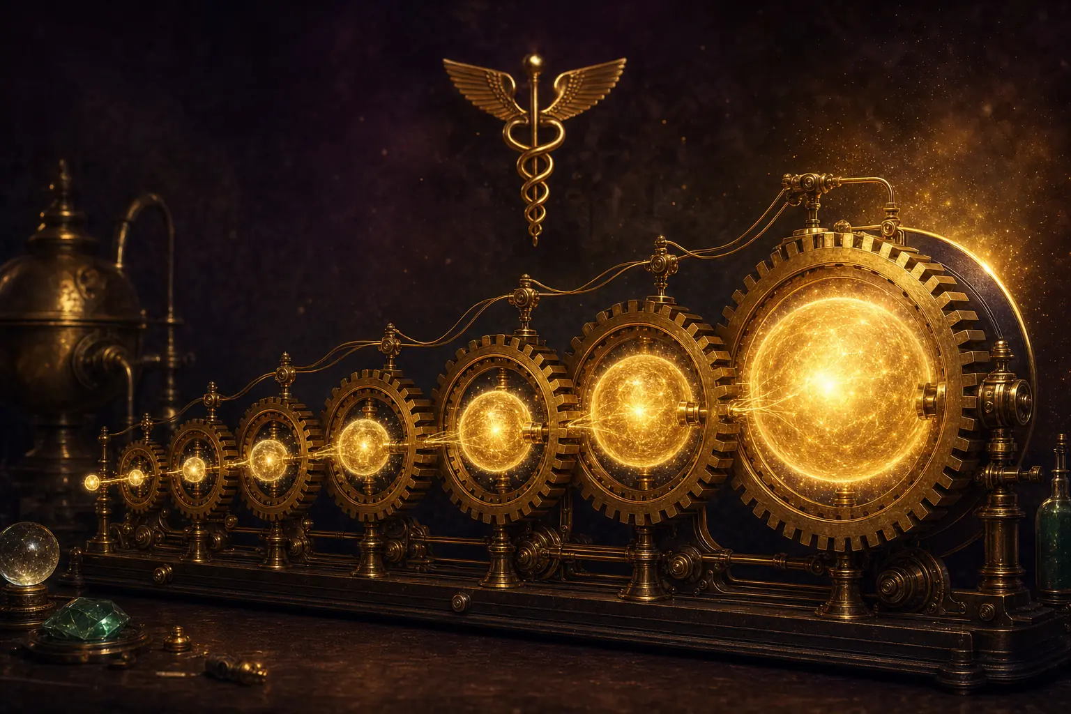A brass compounding machine with six golden gears growing a tiny snowball into a huge radiant sphere