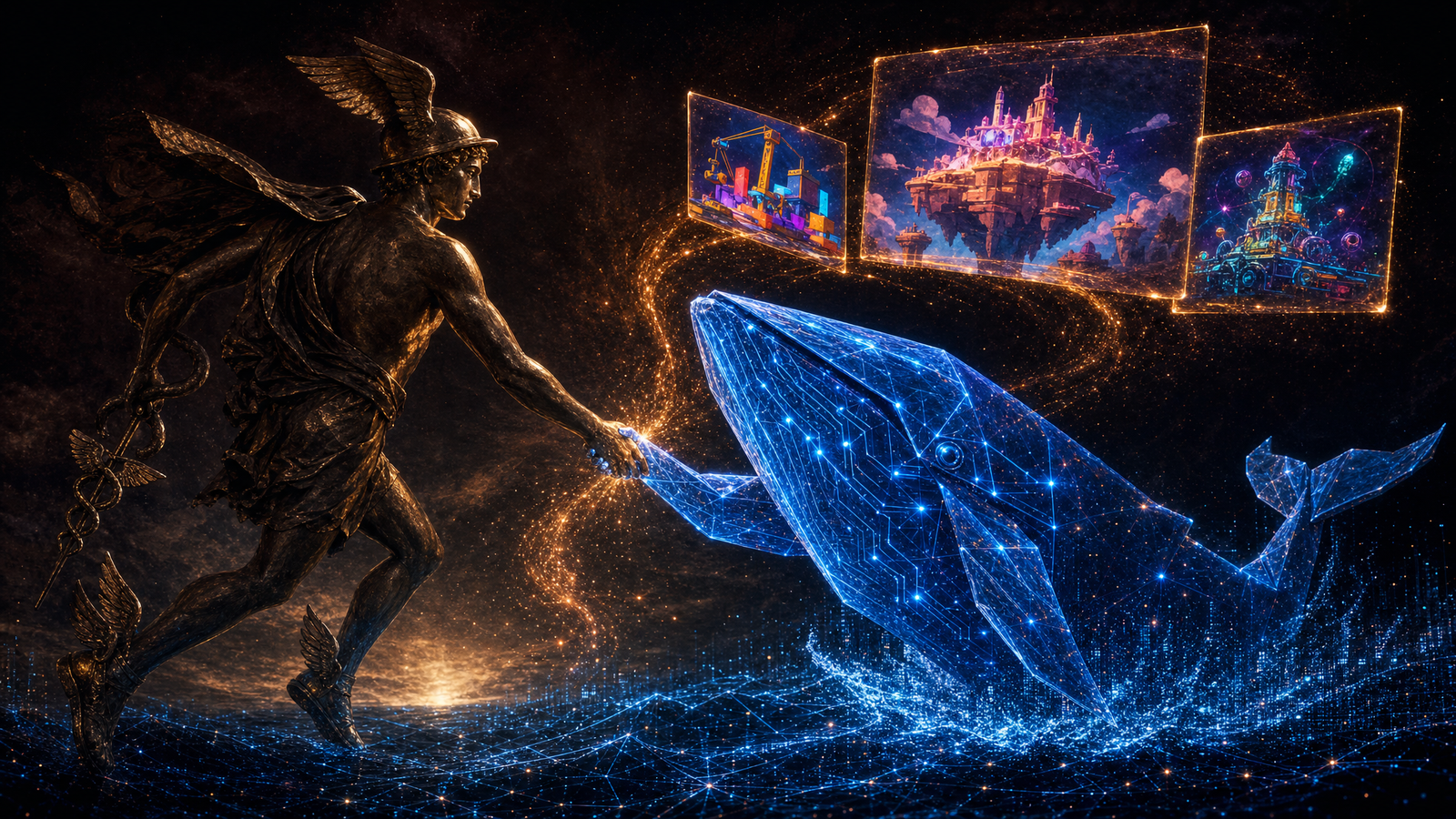 A winged bronze messenger shaking hands with a glowing origami whale of blue circuitry, sparks spiralling into three floating screens showing colourful builds