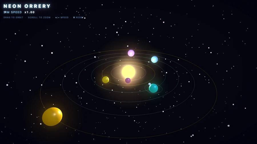 Neon Orrery — a glowing 3D solar system with orbit rings