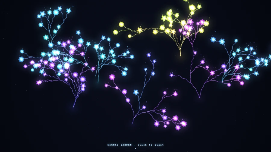 Signal Garden — luminous branching vines with glowing flowers