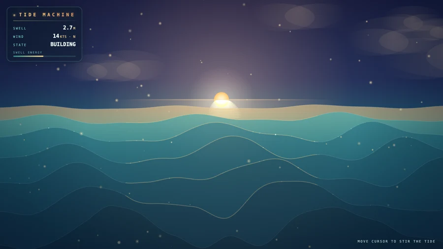Tide Machine — layered ocean waves with a low sun and reflection path