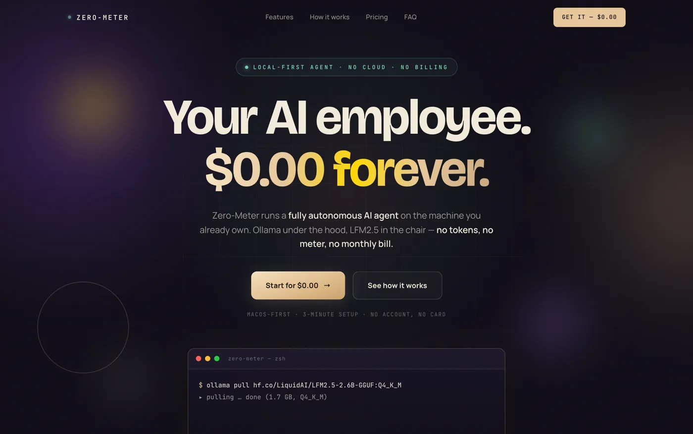 Zero-Meter SaaS landing page — giant headline Your AI employee, $0.00 forever, aurora background, live typing terminal