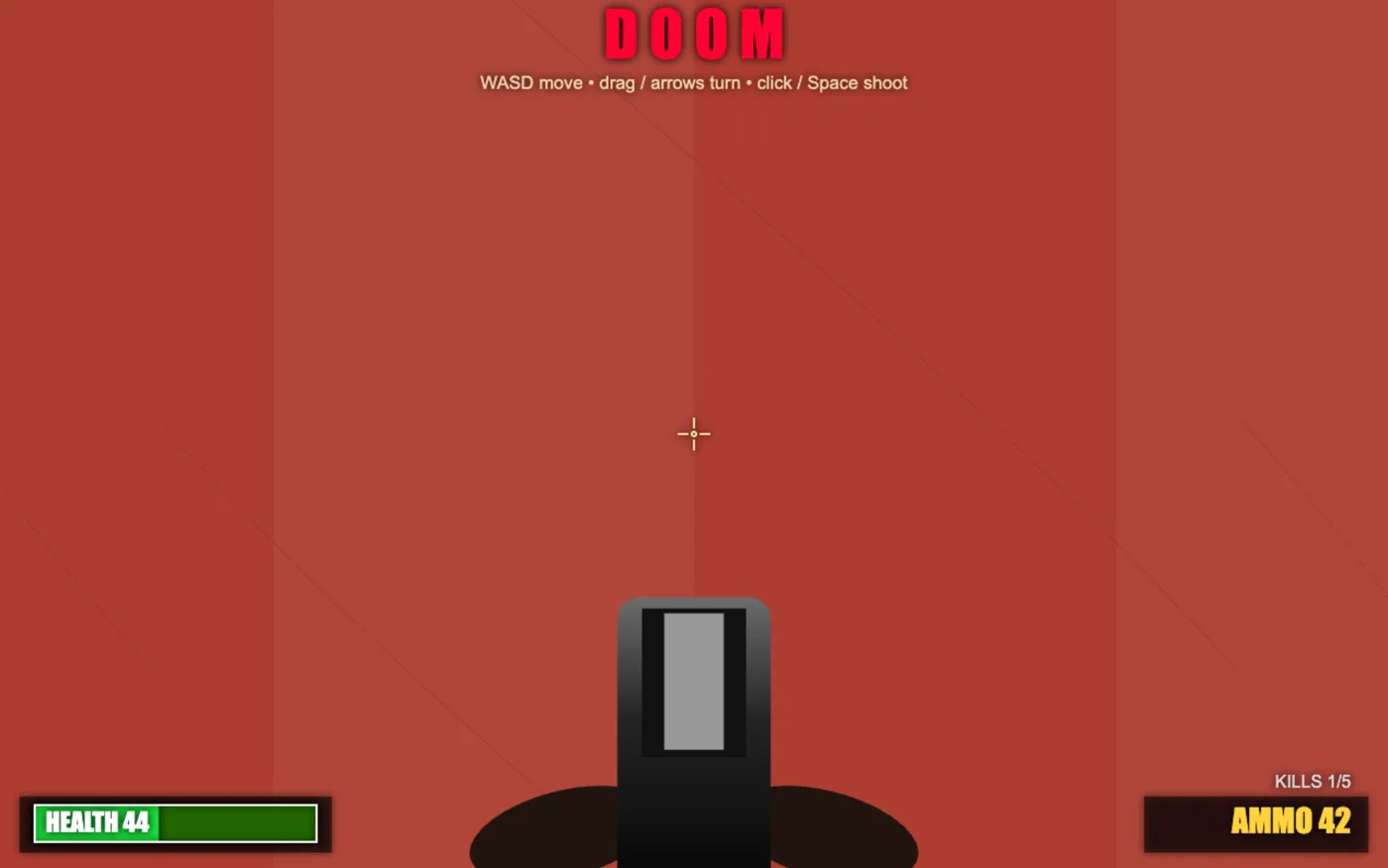 A DOOM-style first-person shooter mid-fight — kills 1 of 5, health 44, ammo 42
