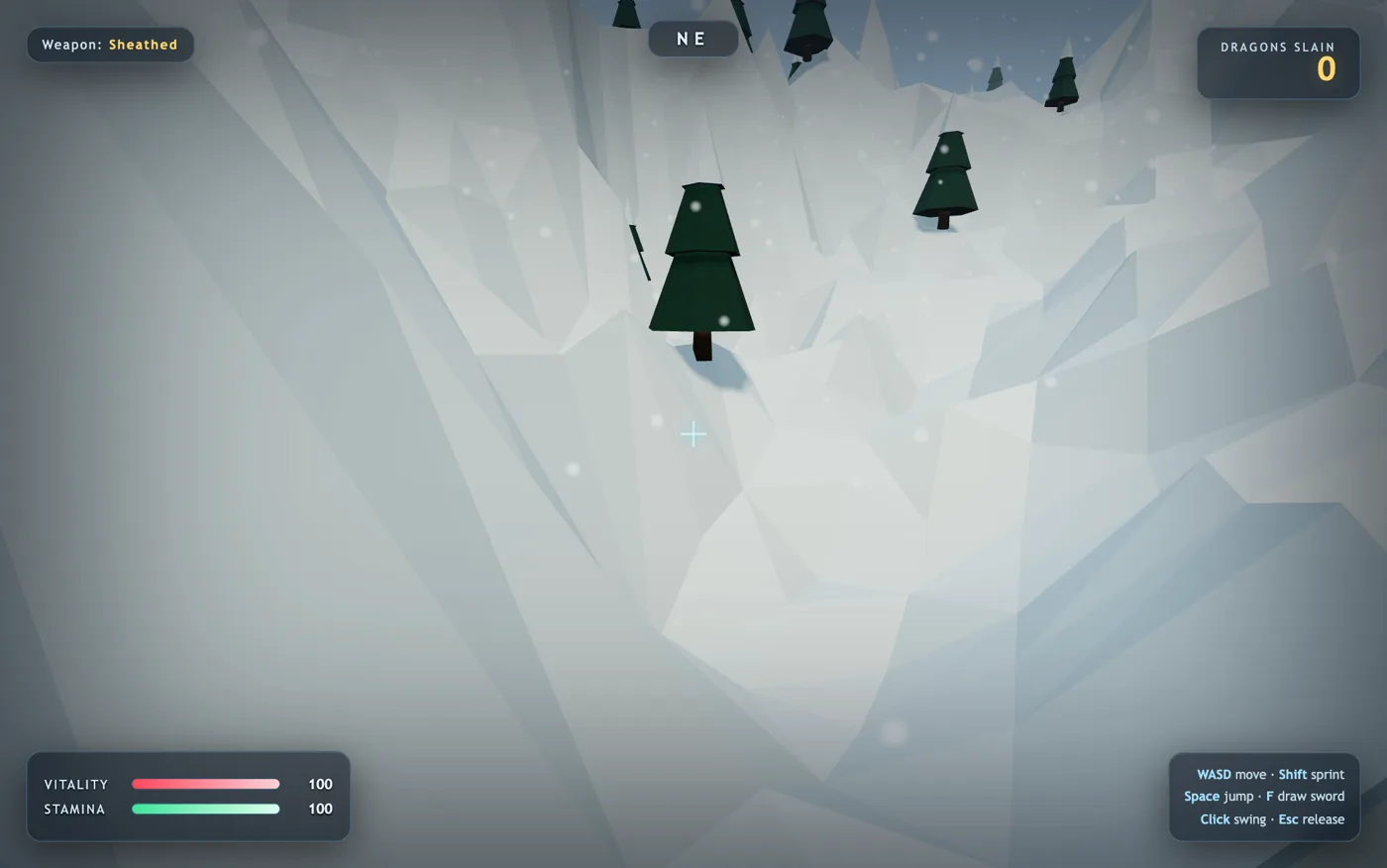 The Dragon Realm — first-person snowbound 3D world with vitality and stamina bars, a compass and a dragons-slain counter