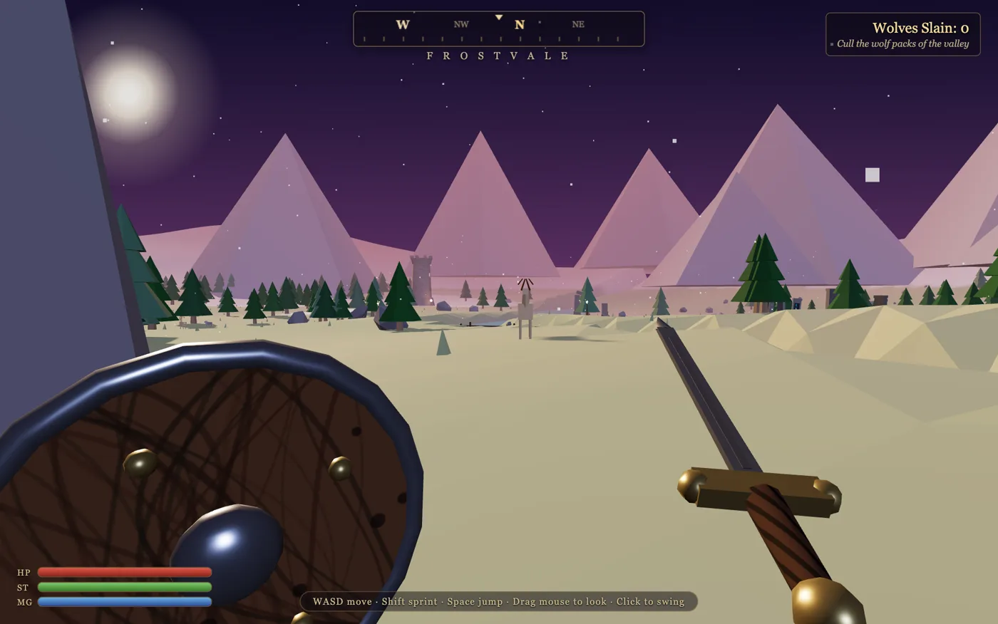 Frostvale — first-person sword and shield RPG under a purple night sky with a quest tracker