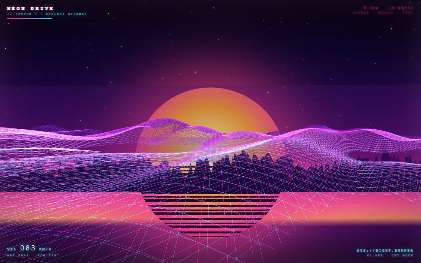 Neon Drive — synthwave endless highway toward a huge sun over wireframe mountains