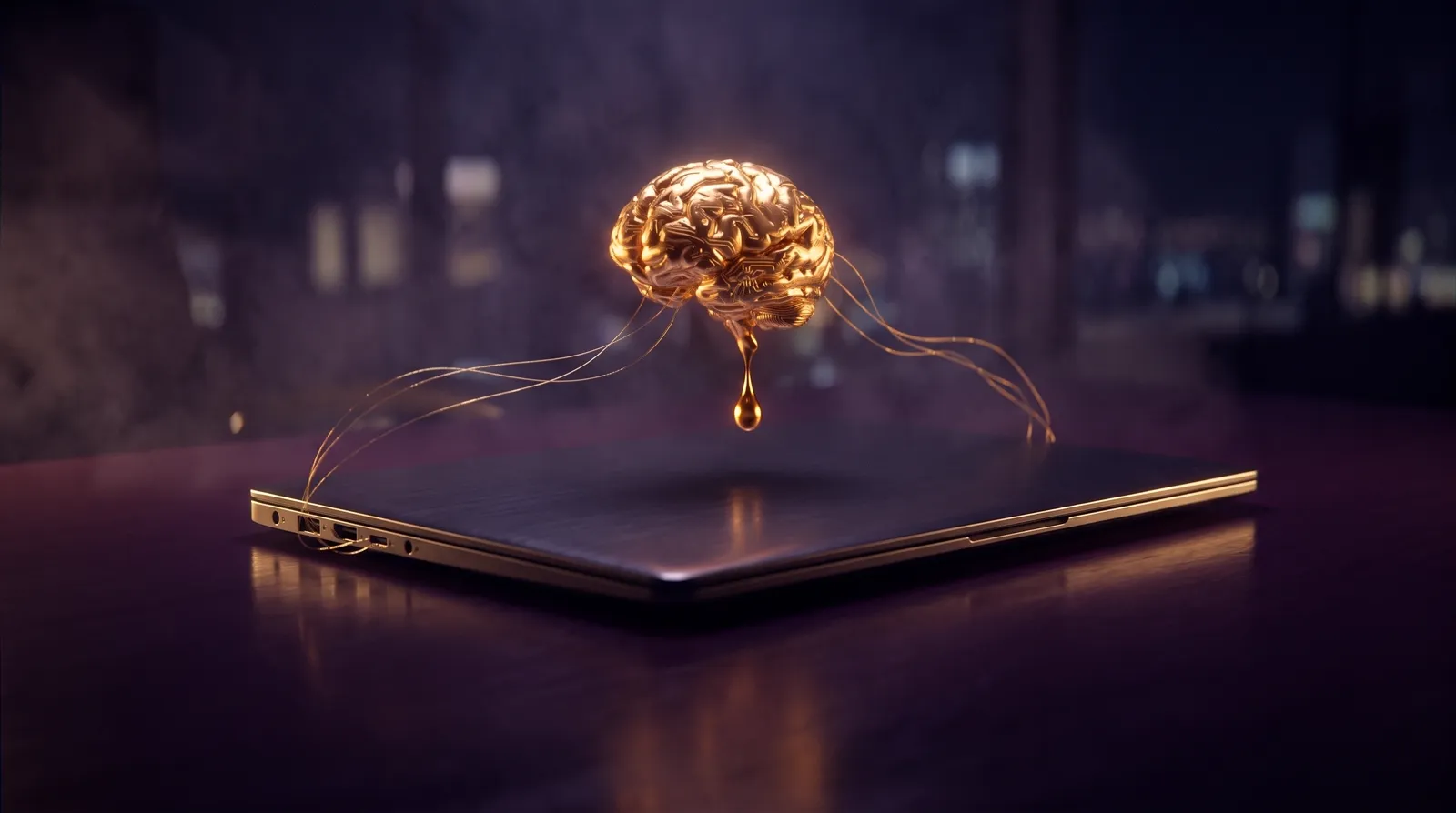 A closed laptop on a dark desk with a small orb of liquid gold metal shaped like a brain hovering above it, gold filaments flowing into the machine