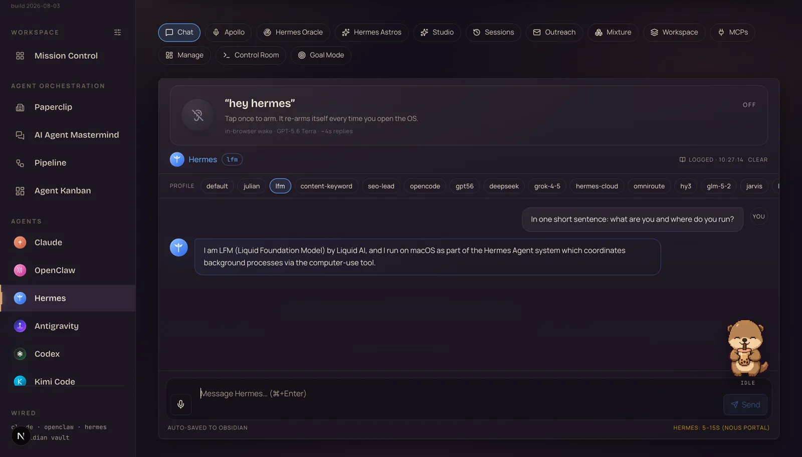 The Agent OS Hermes tab with the lfm profile pill selected and LFM answering: I am LFM by Liquid AI and I run on macOS as part of the Hermes Agent system