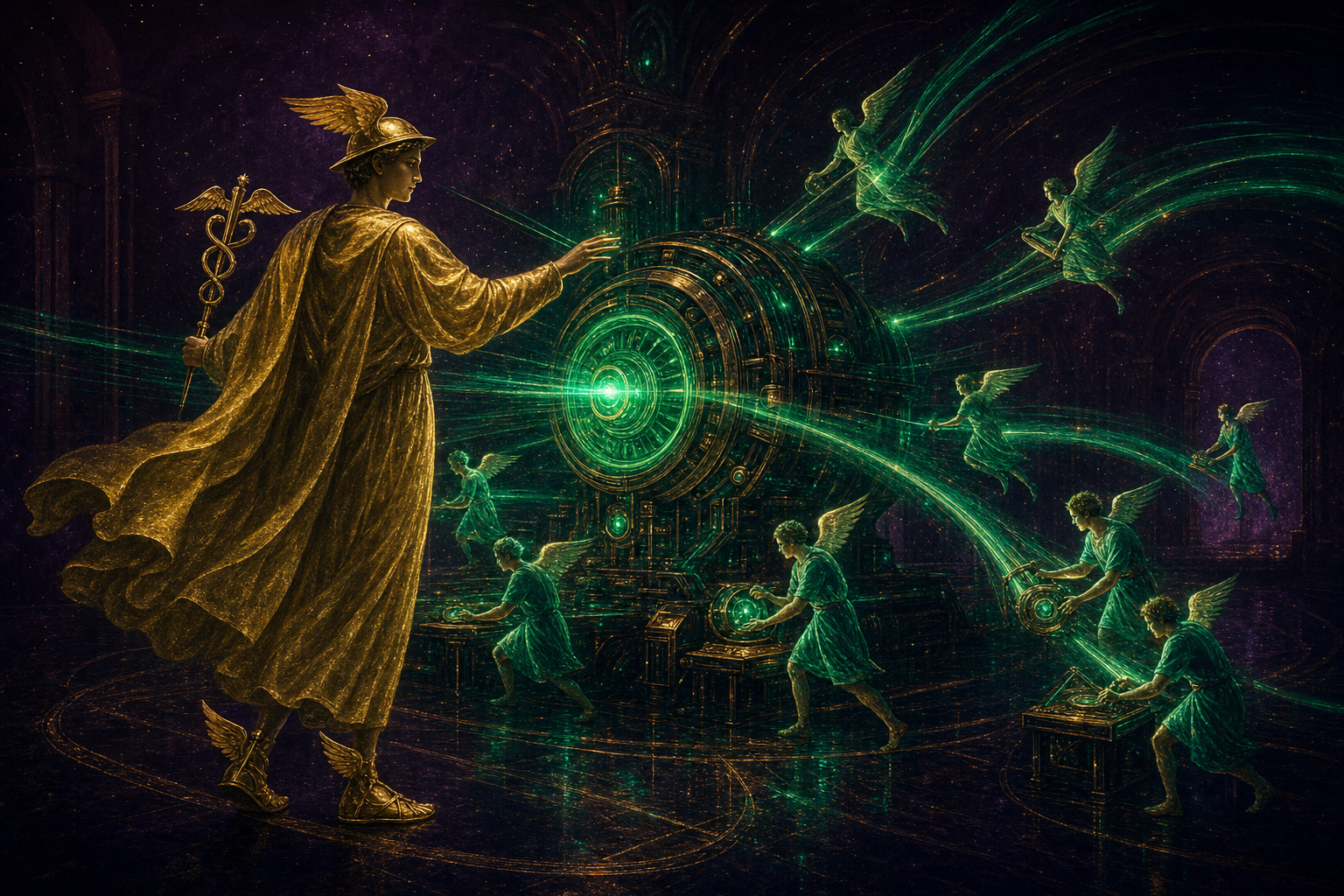 A golden robed Hermes figure conducting a glowing emerald engine, with small winged worker-spirits fanning out on streams of green light to carry out tasks